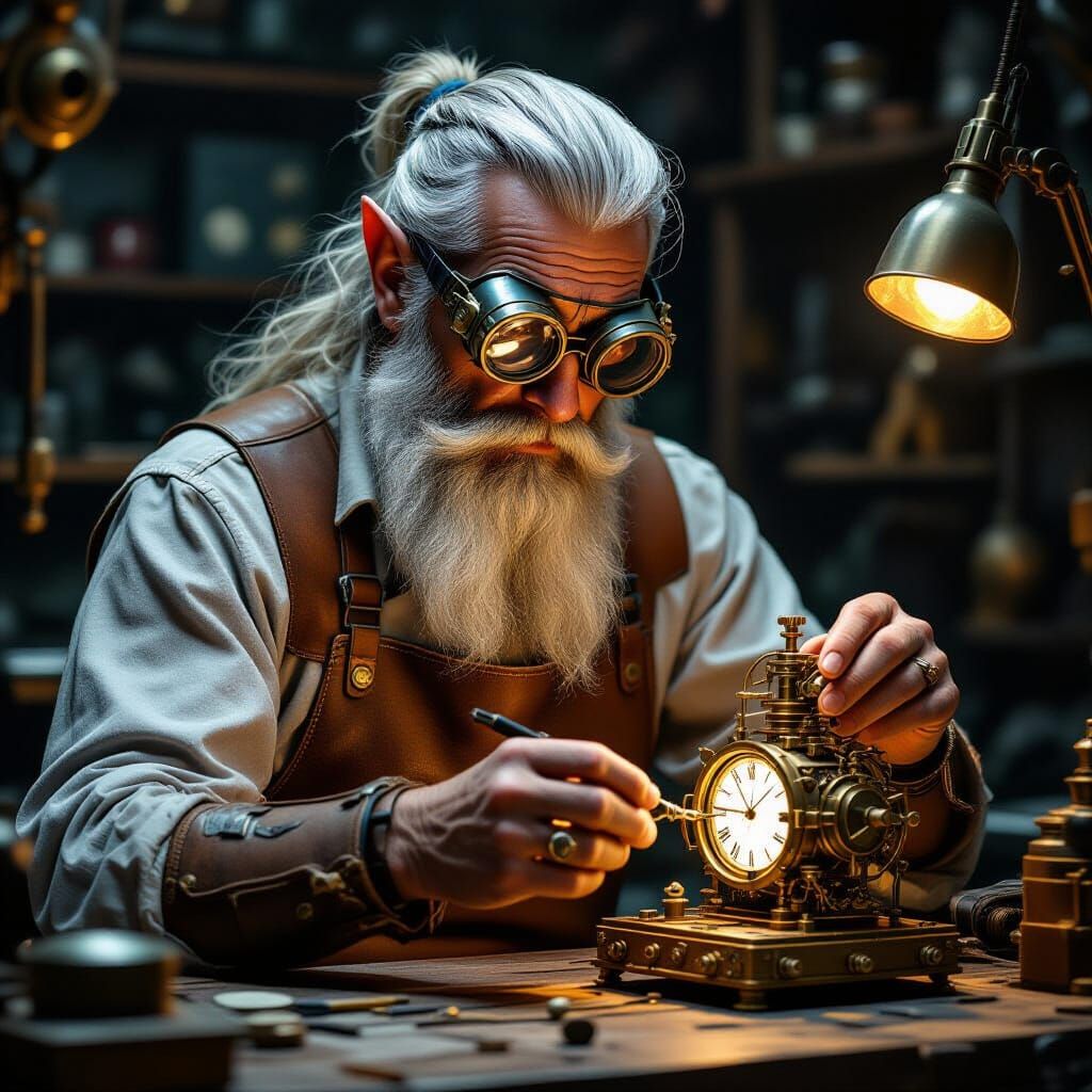 Elven Artificer Crafts Clockwork Device in Sci-Fi Style