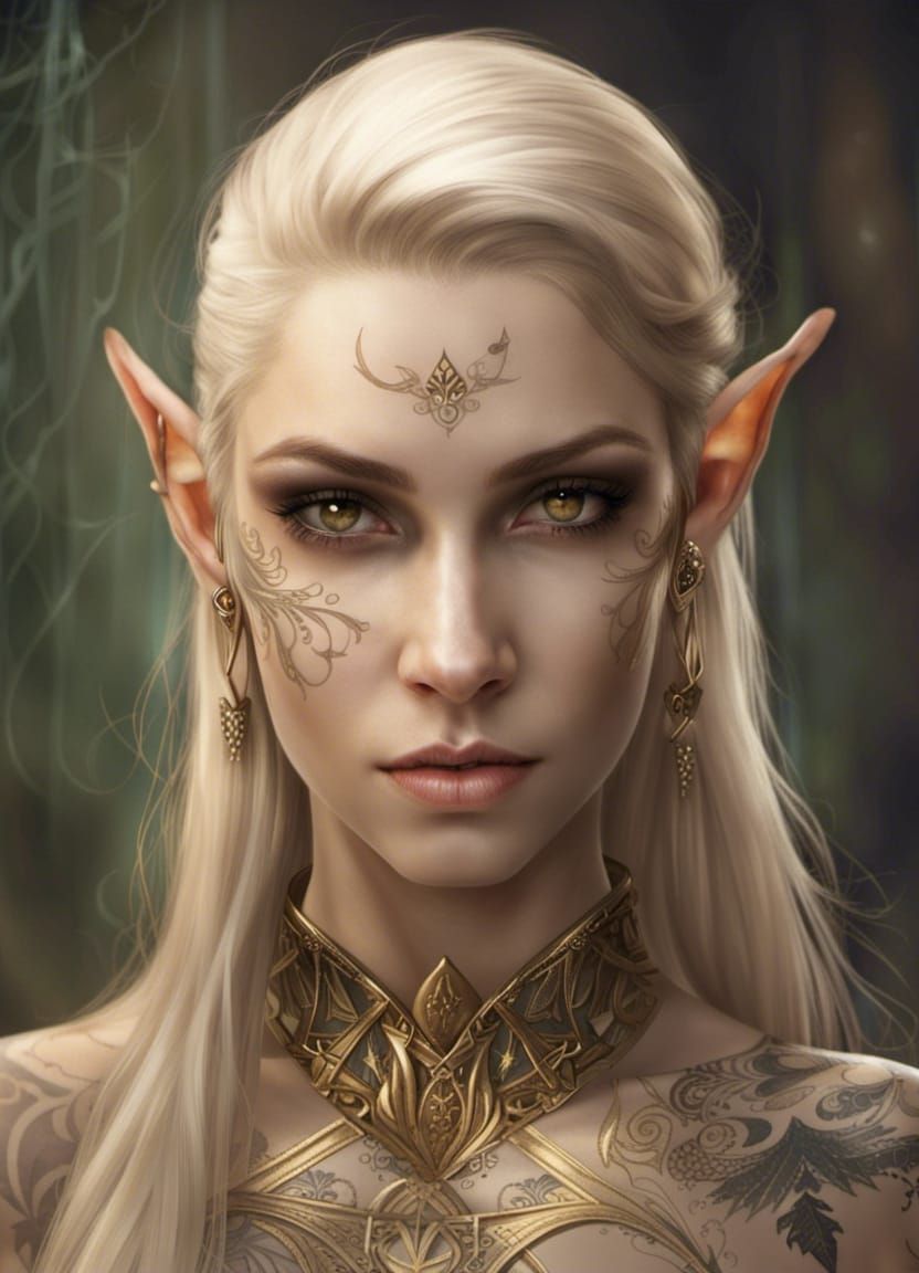 Punk Elf Woman with Golden Eyes and Tattoos