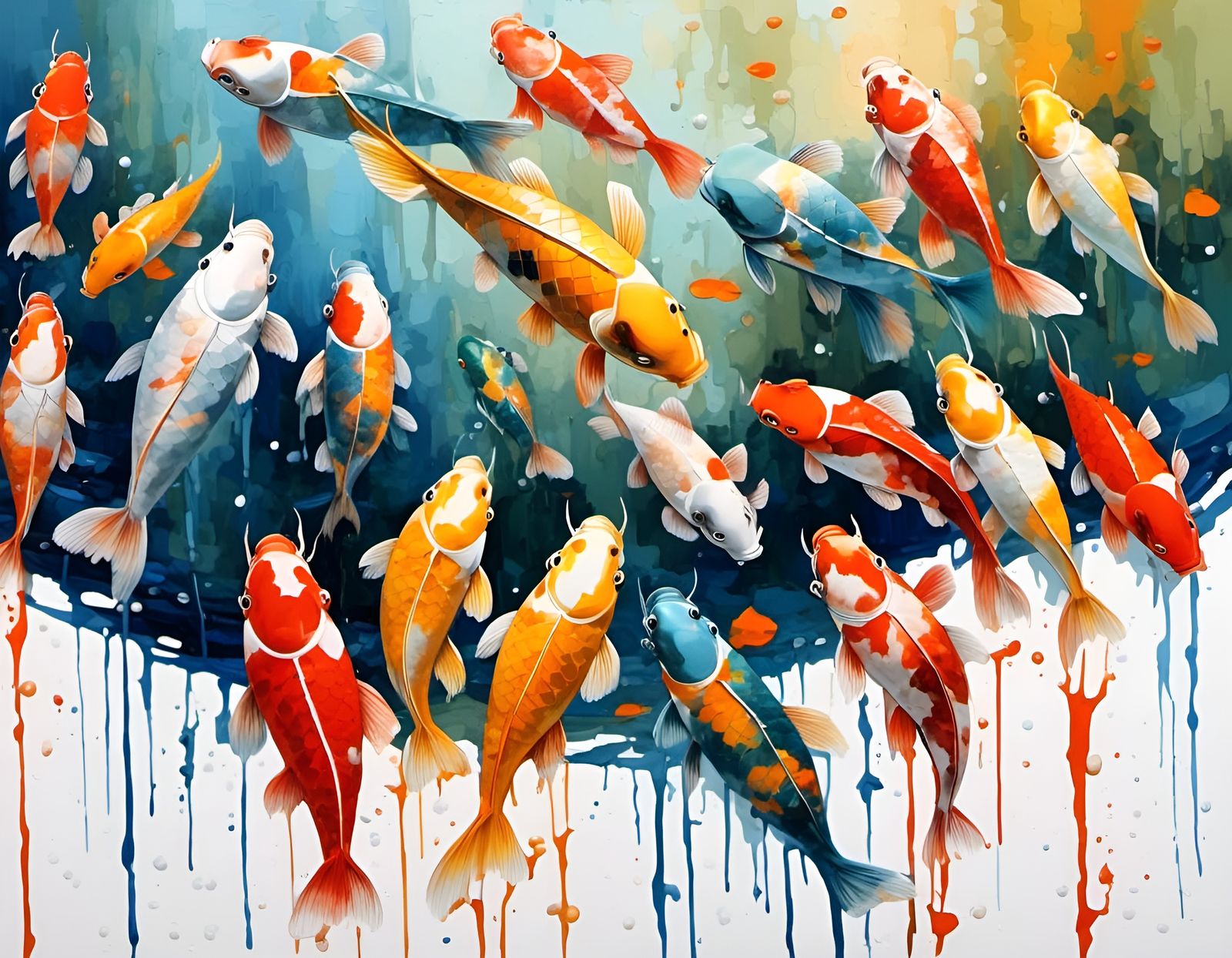 Koi Carp painting, is it raining fish? Or are they swimming upstream?
