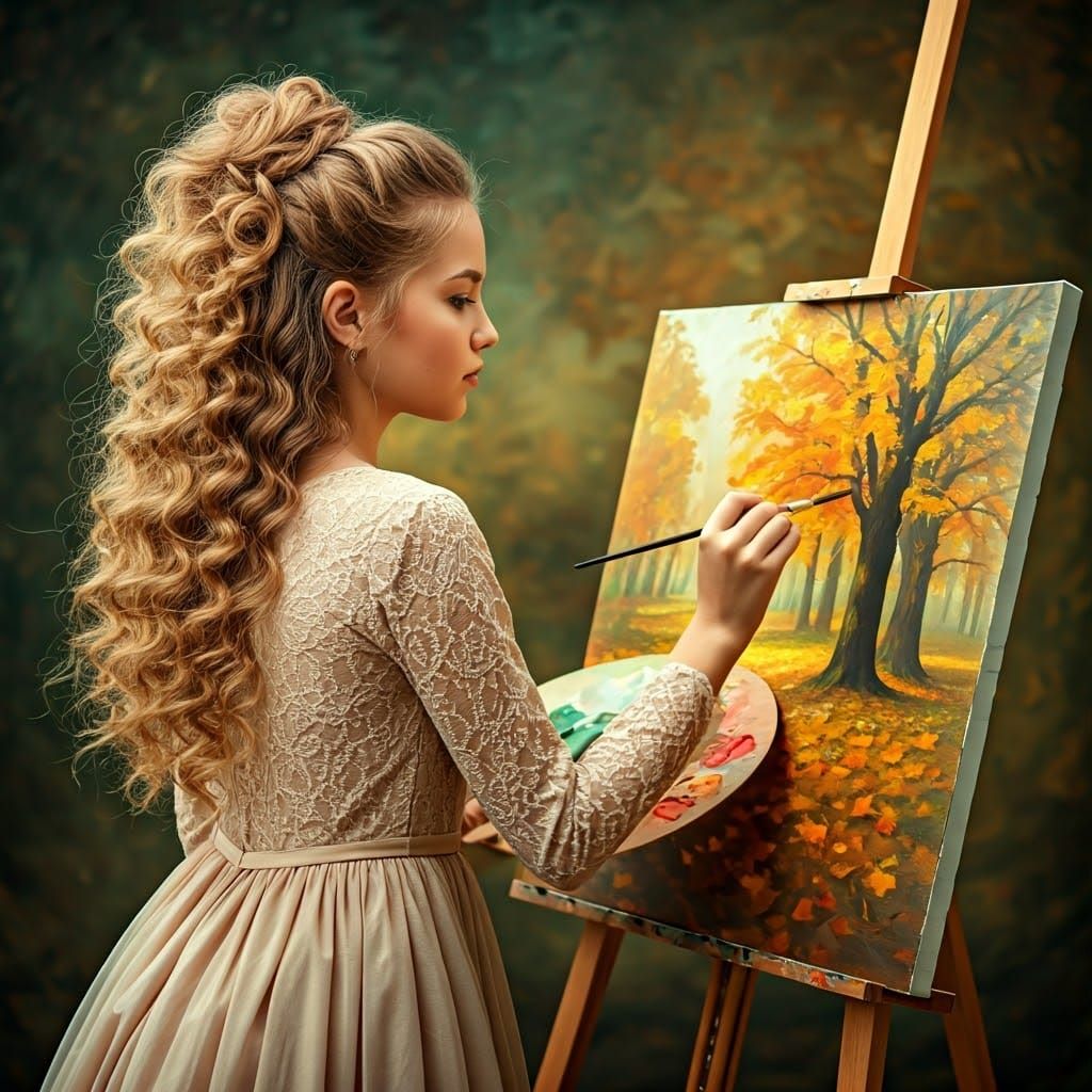 Girl Painting Autumn Leaves, Art Nouveau Style