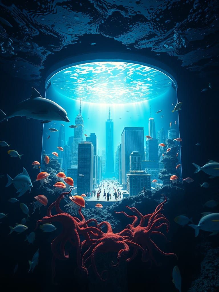 Surreal Oceanic Cityscape in Neon-Lit Aquarium