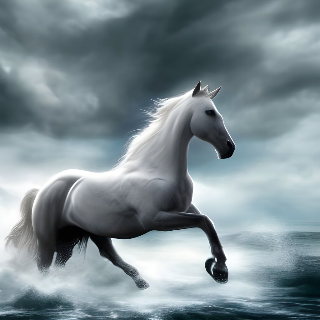 White Horse Runs on Ocean Waves, Fantasy Art