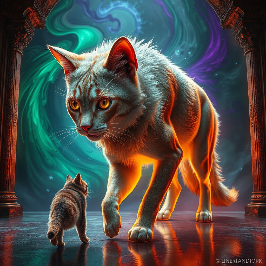 Mystical Cat Encounters Surreal Hybrid Creature