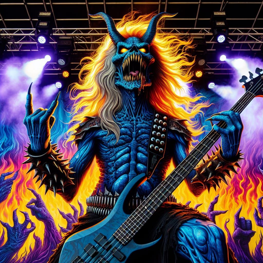 Demonic Bassist Wields Guitar Amidst Fiery Inferno