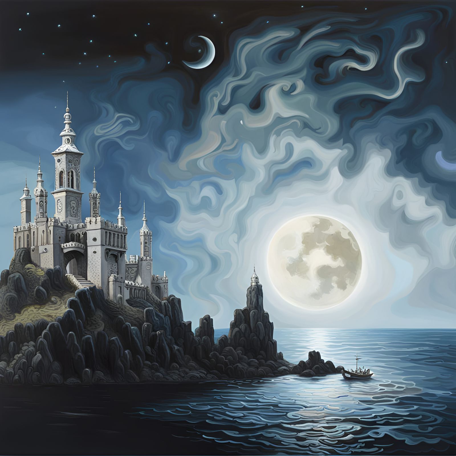 Surreal White Castle in Sea with Stars, Dali Style