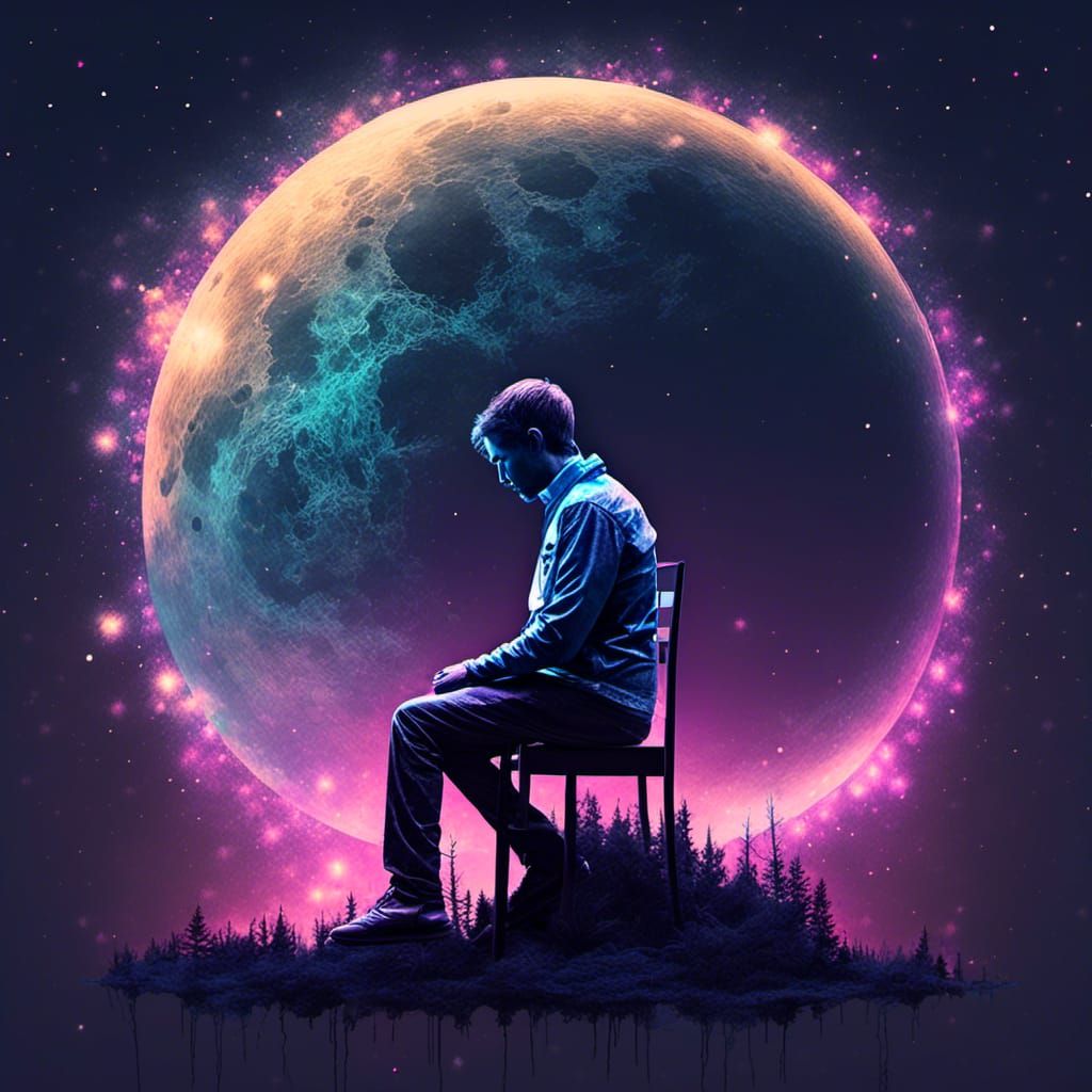 Glowing Moon Double Exposure with Meditating Figure