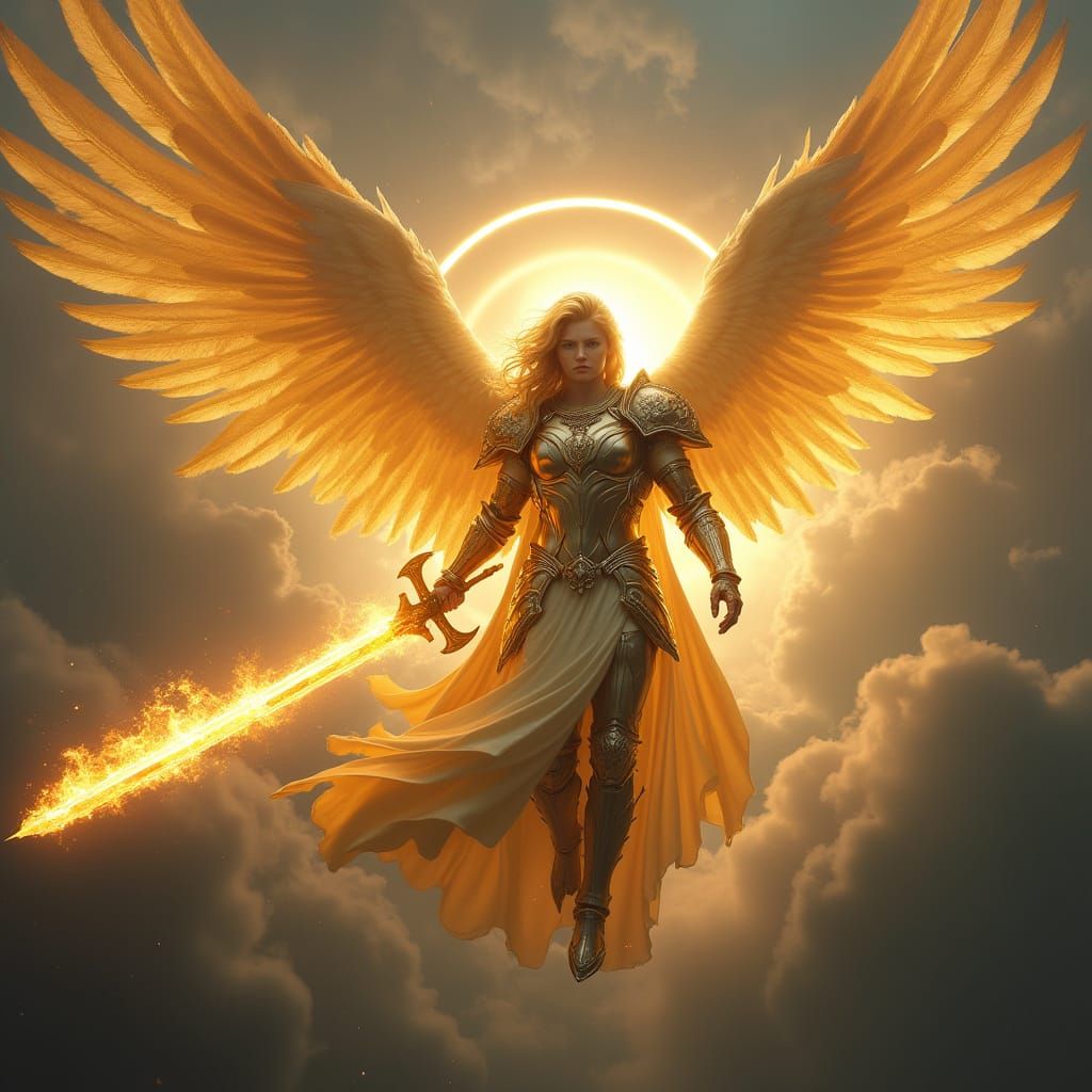 Majestic Archangel with Flaming Sword, Fantasy Art