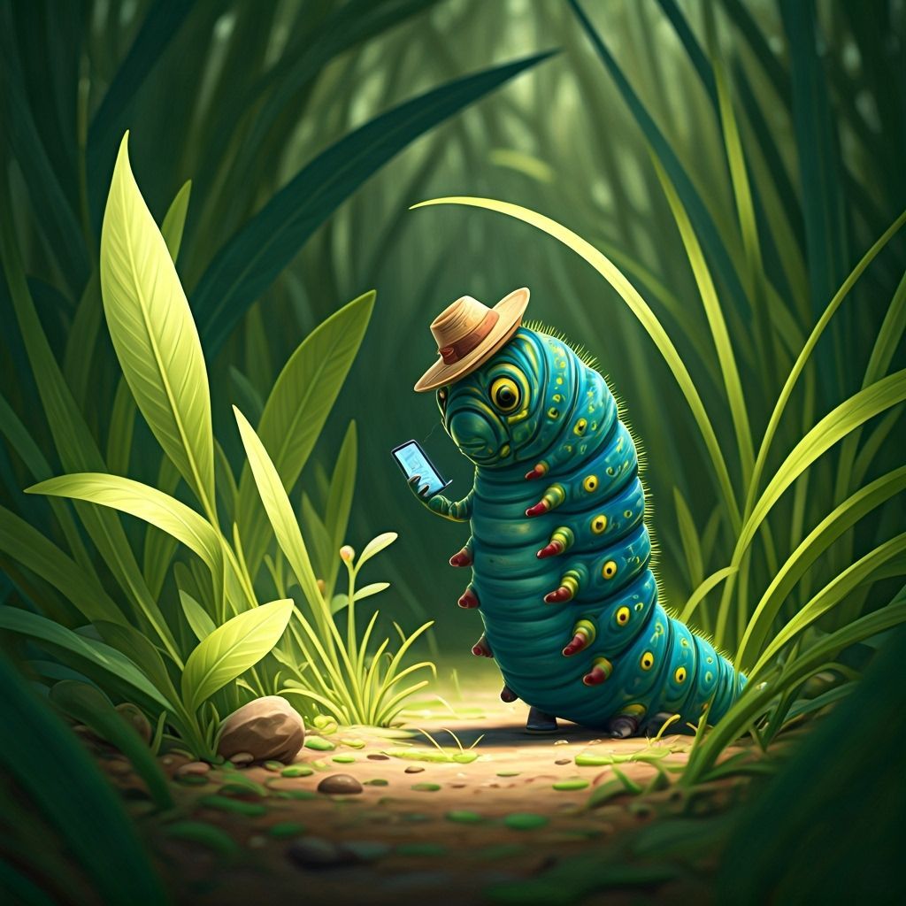 Whimsical Caterpillar Chatting on Smartphone in Garden