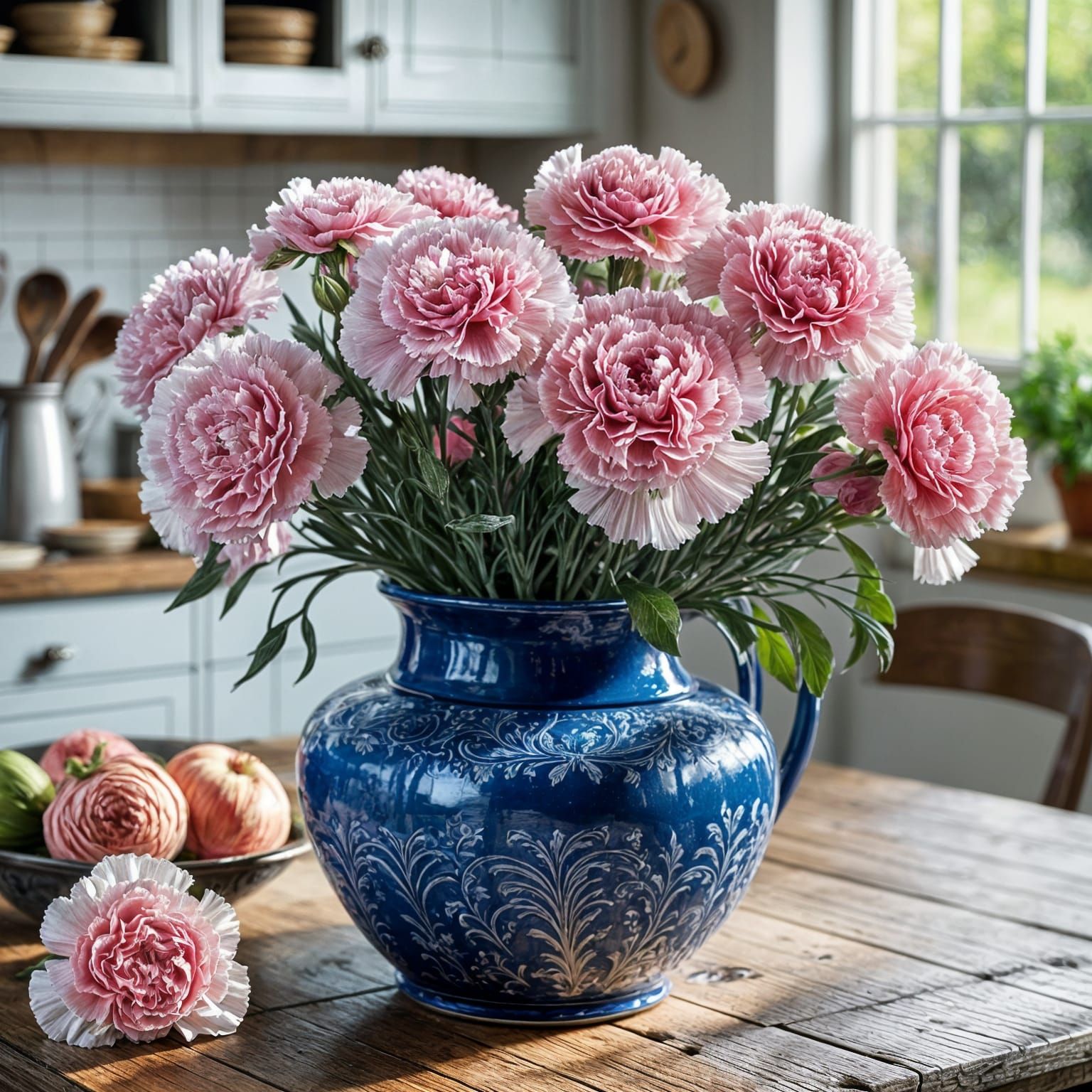 Pink Carnations in Blue Vase, Hyperdetailed