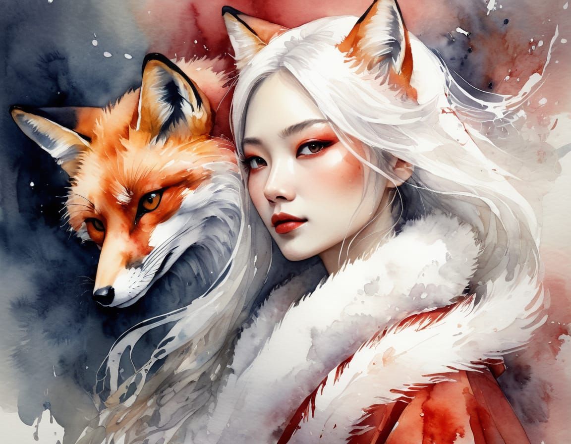 Mystical Fox Spirit Unites with Elegant Woman in Dreamy Japa...