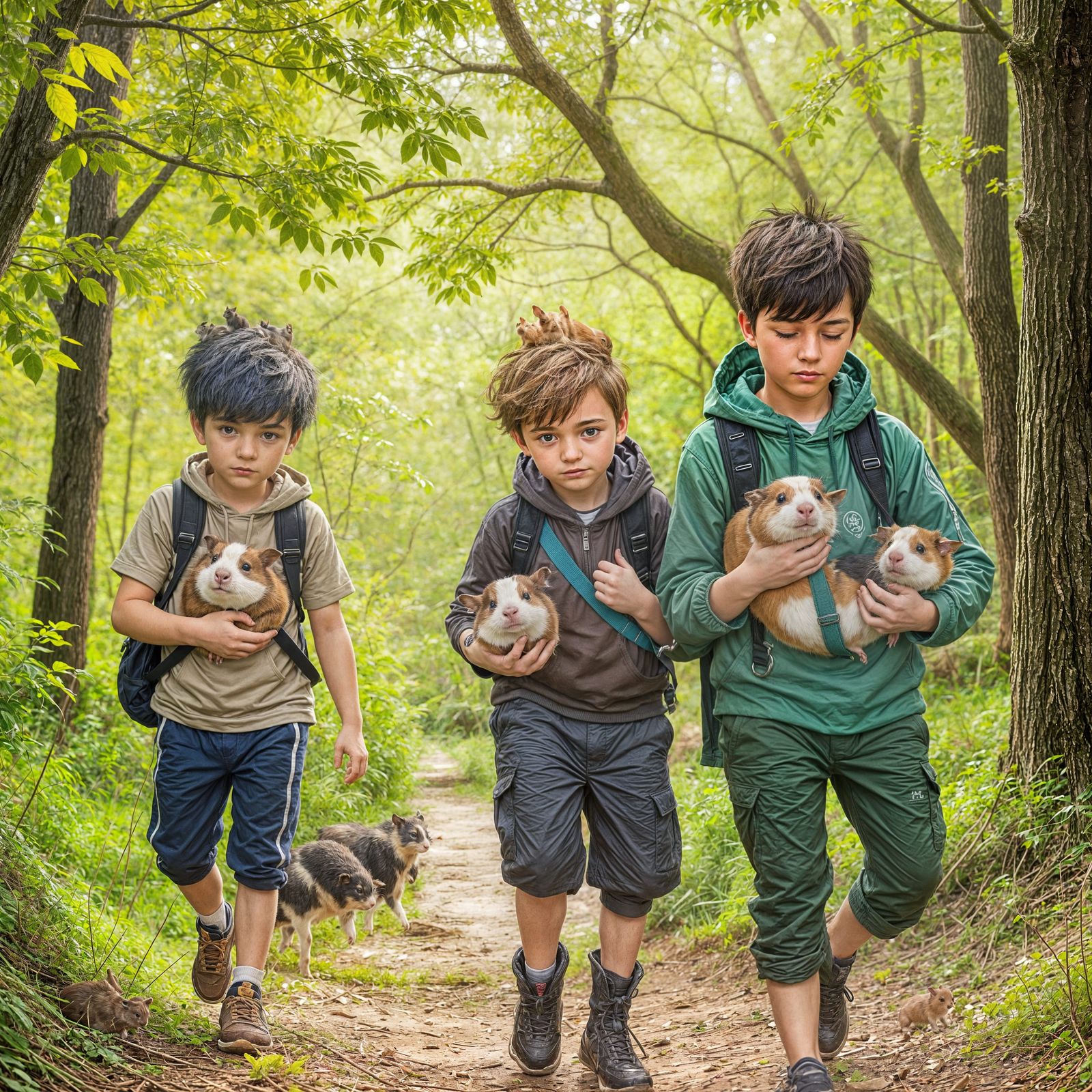 Cute Guinea Pigs Enjoy a Leisurely Stroll in a Wooded Area