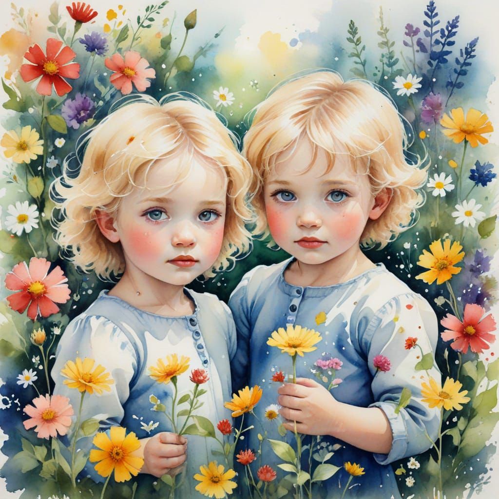 Baby Twins in a Wildflower Garden, Watercolor Art