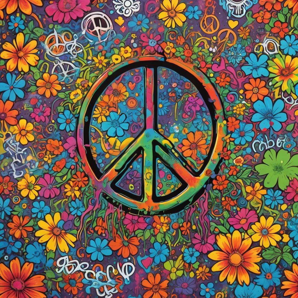 Psychedelic Tie-Dye Graffiti Art with Flowers and Peace