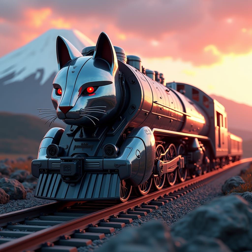 Futuristic Cat Train in Japan with Mount Fuji