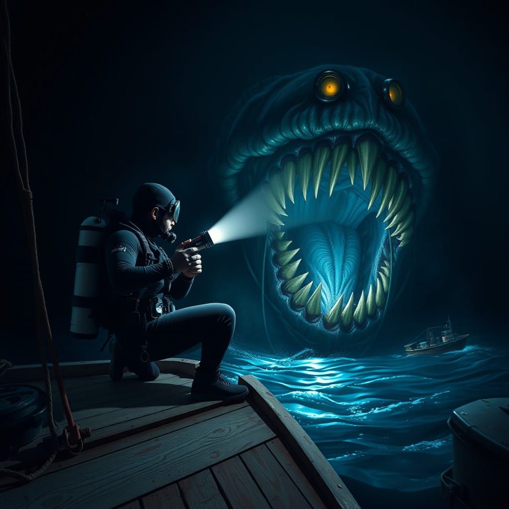 Cyberpunk Diver Confronts Eldritch Horror in the Challenger....