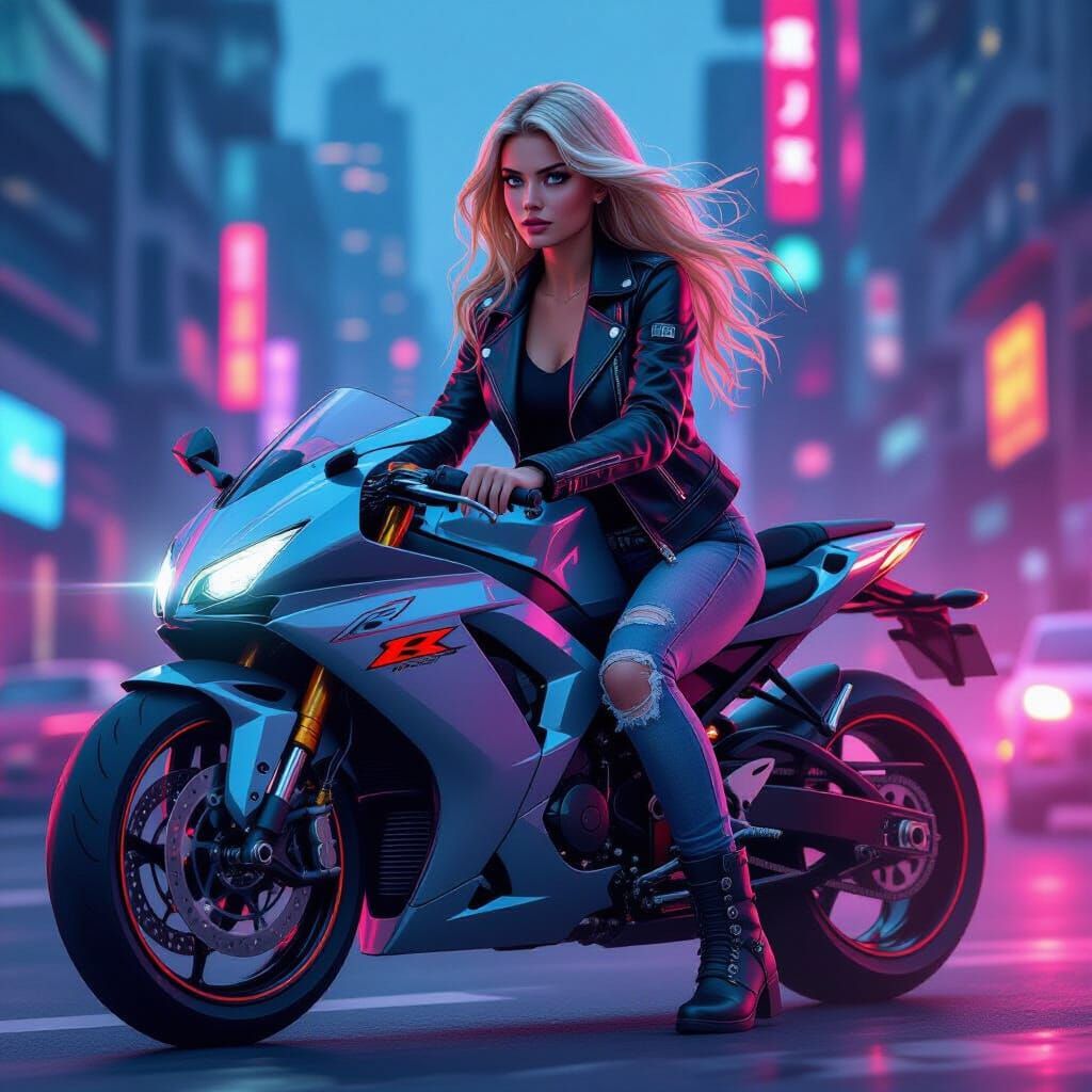 Woman on Motorcycle in Futuristic Digital Art Style