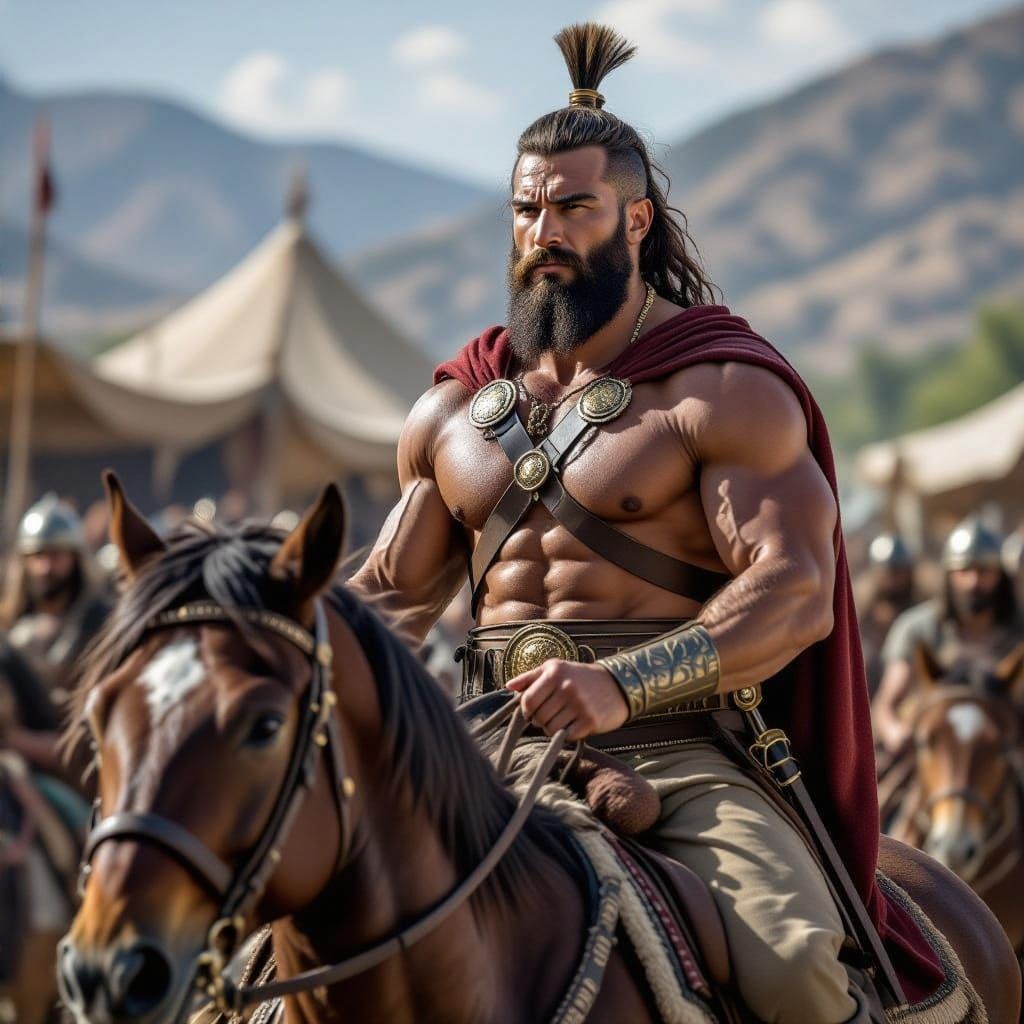 Strong Warrior in Furs and Helm with Massive Club and Dark S...