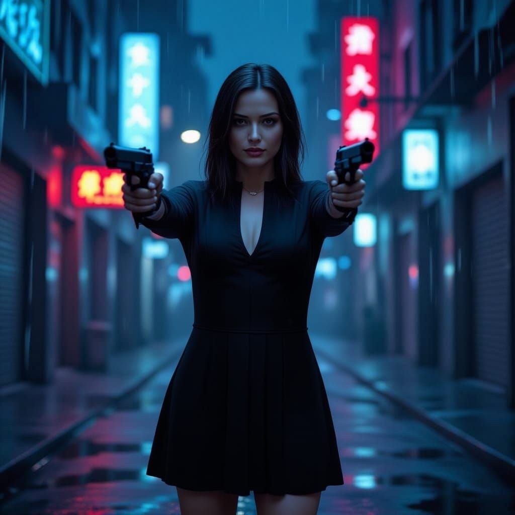 Female Assassin in Neon Alleyway