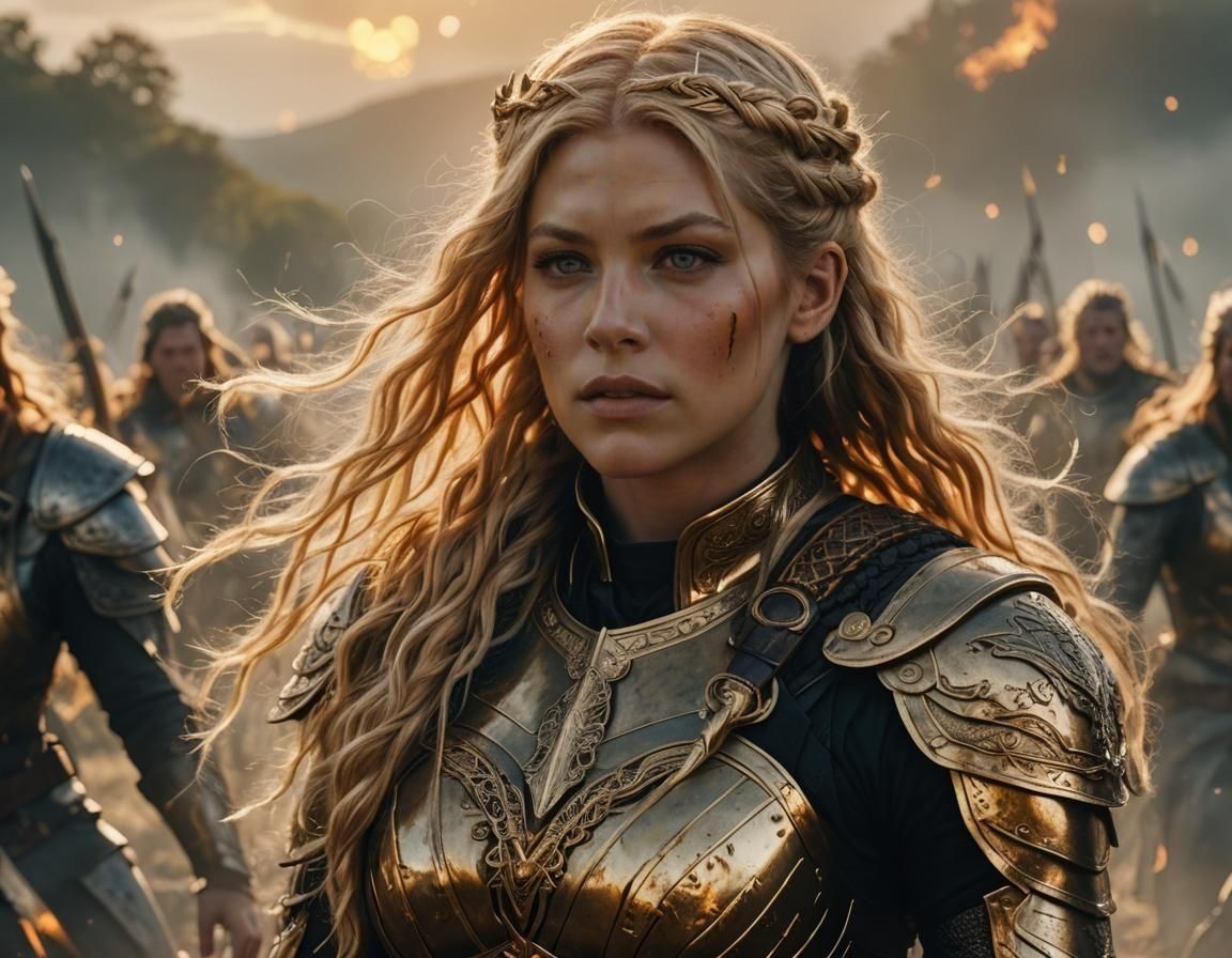 Valkyrie with Golden Aura Above Battlefield