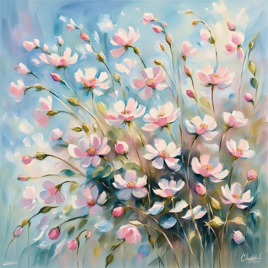 Impressionist Floral Painting with Pink Flowers