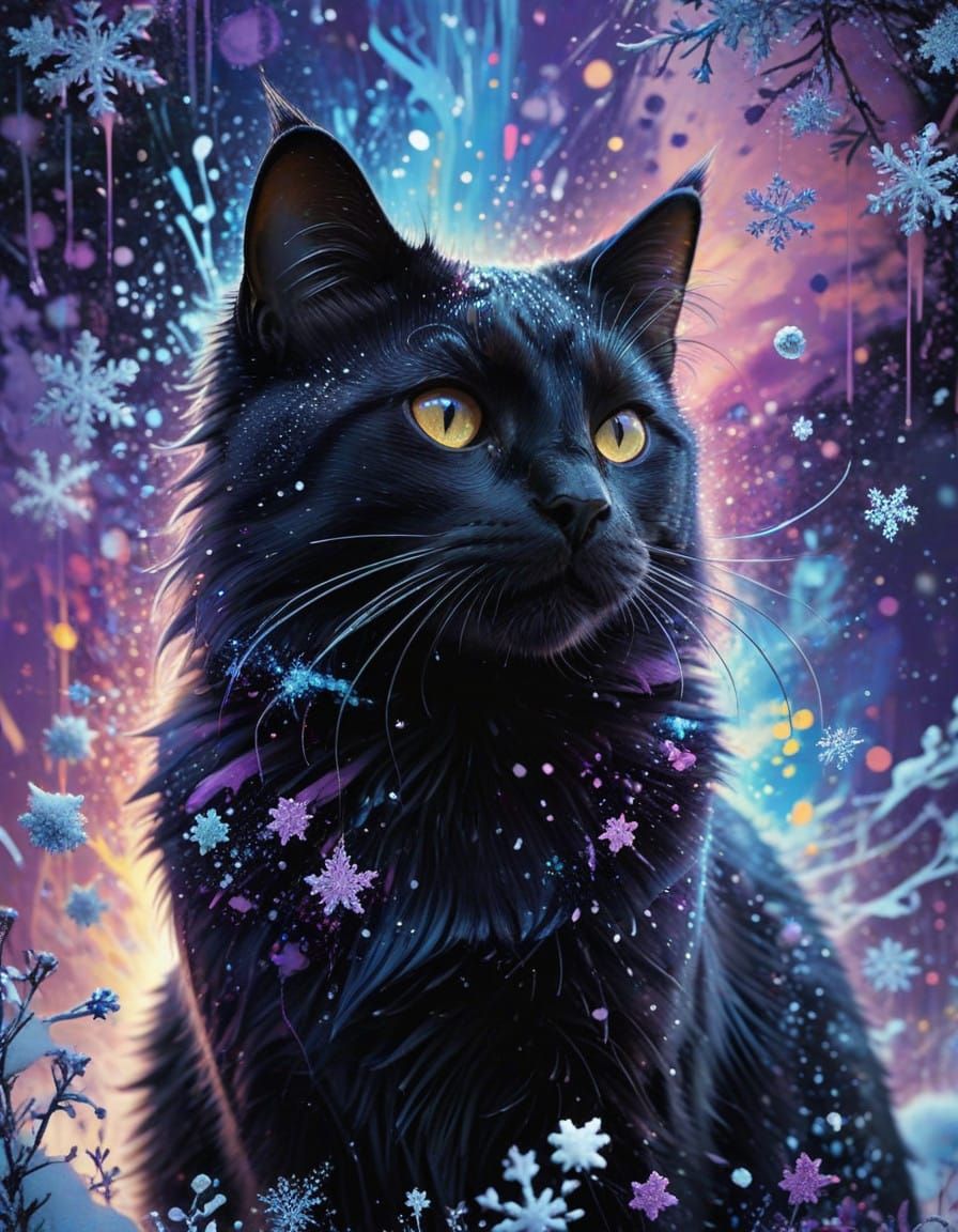 Whimsical Black Cat in a Vibrant Winter Wonderland
