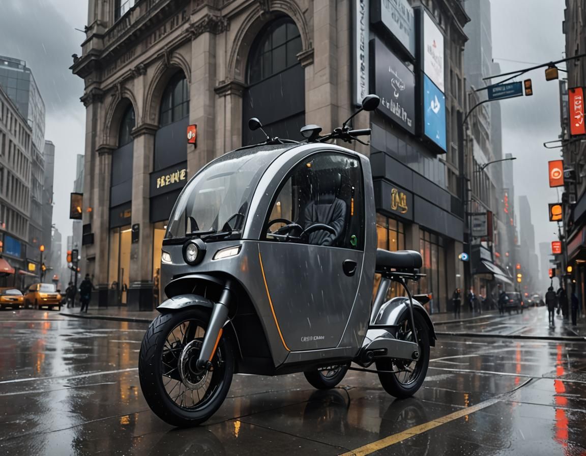 Electric Cargo Bike Reflects Overcast Sky in Charcoal Drawin...