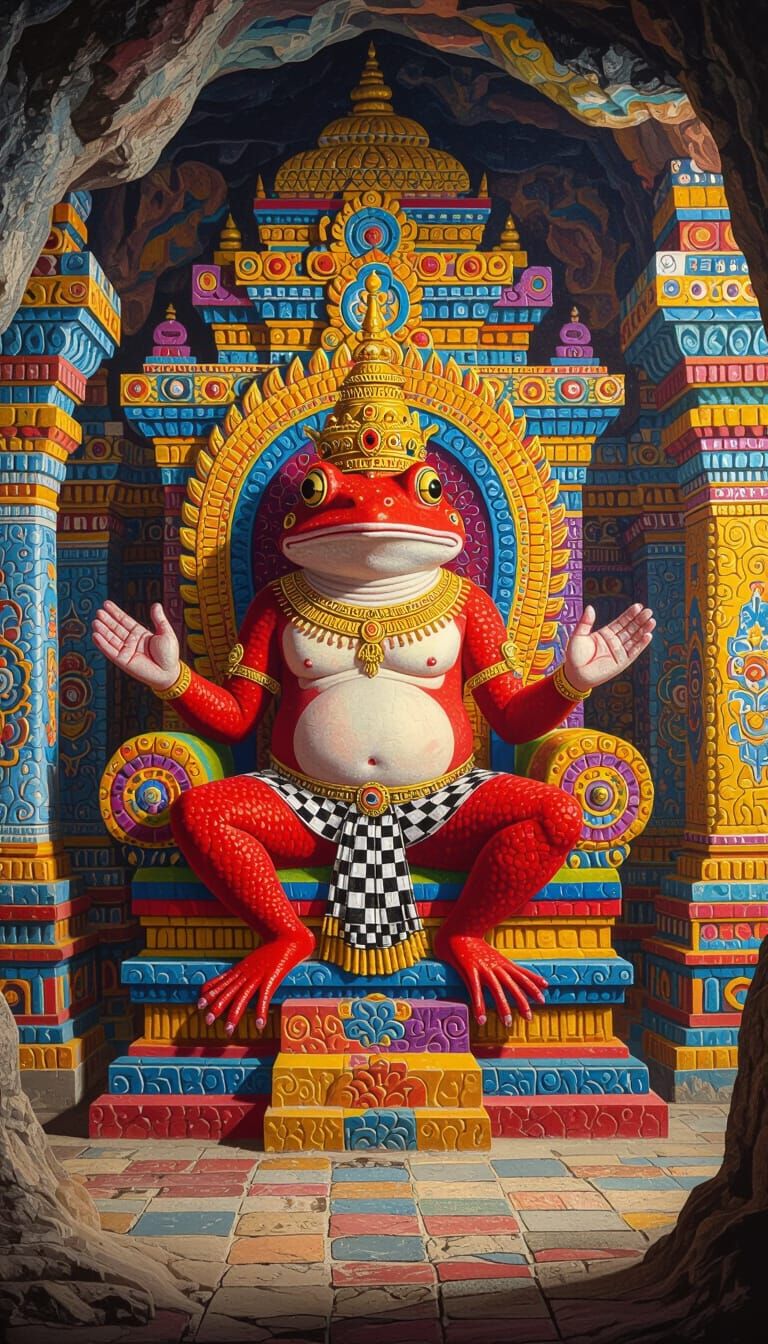 Psychedelic Cave Painting of Frog Deity in Temple