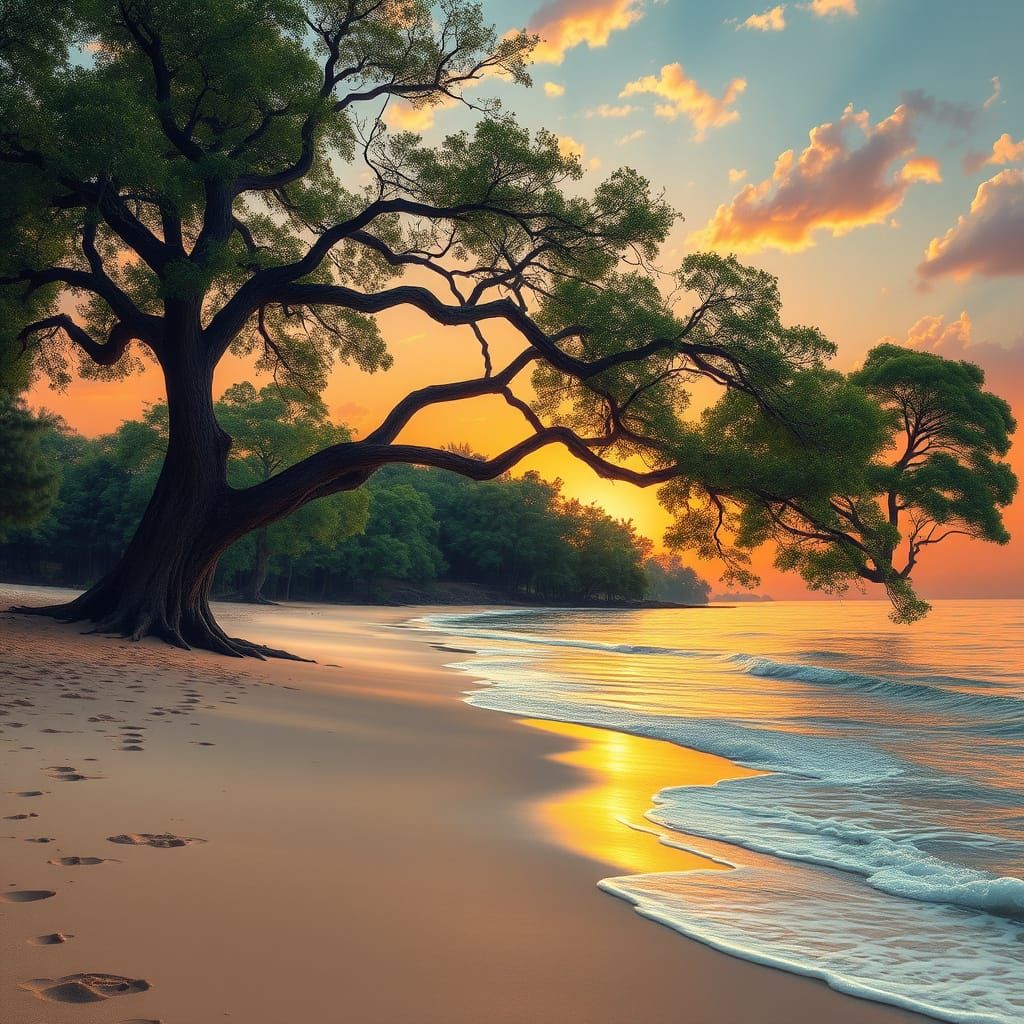 Surreal Sunset Landscape with Majestic Tree and Verdant Beac...