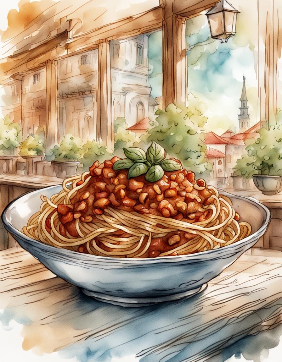 Spaghetti Bolognese in Cafe, Arthur Rackham Style