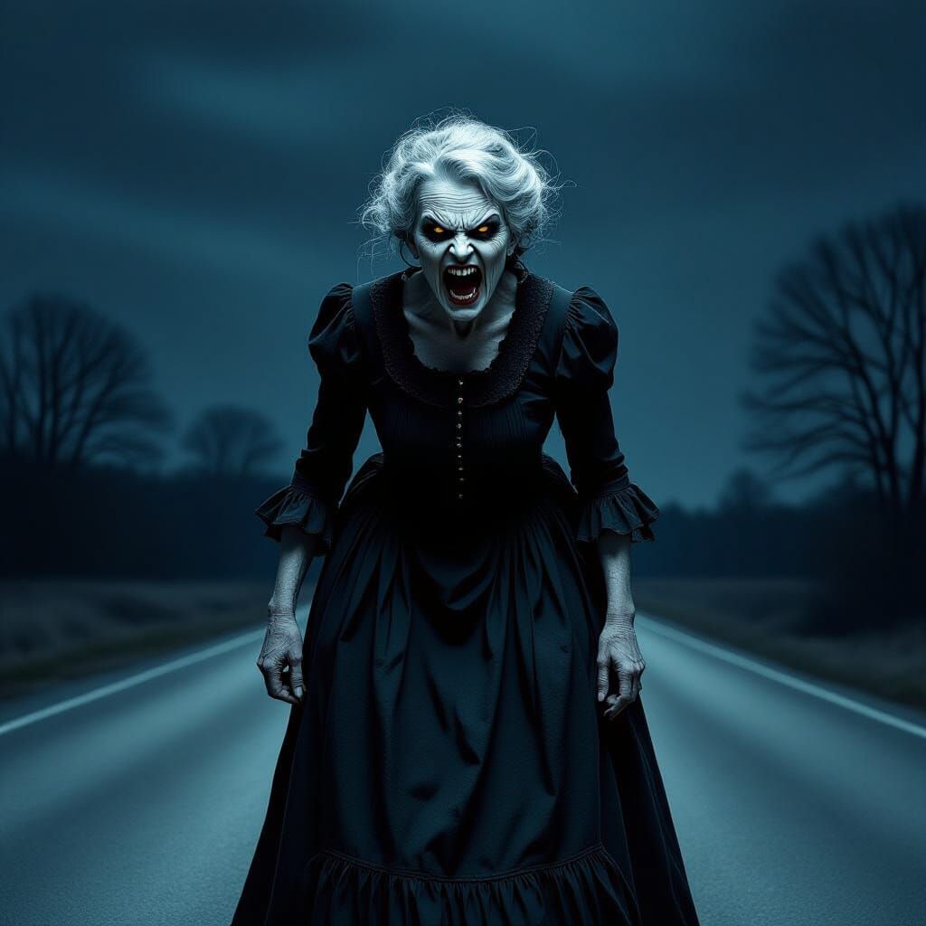 Terrifying Hag Portrait on Dark Road in Surreal Style