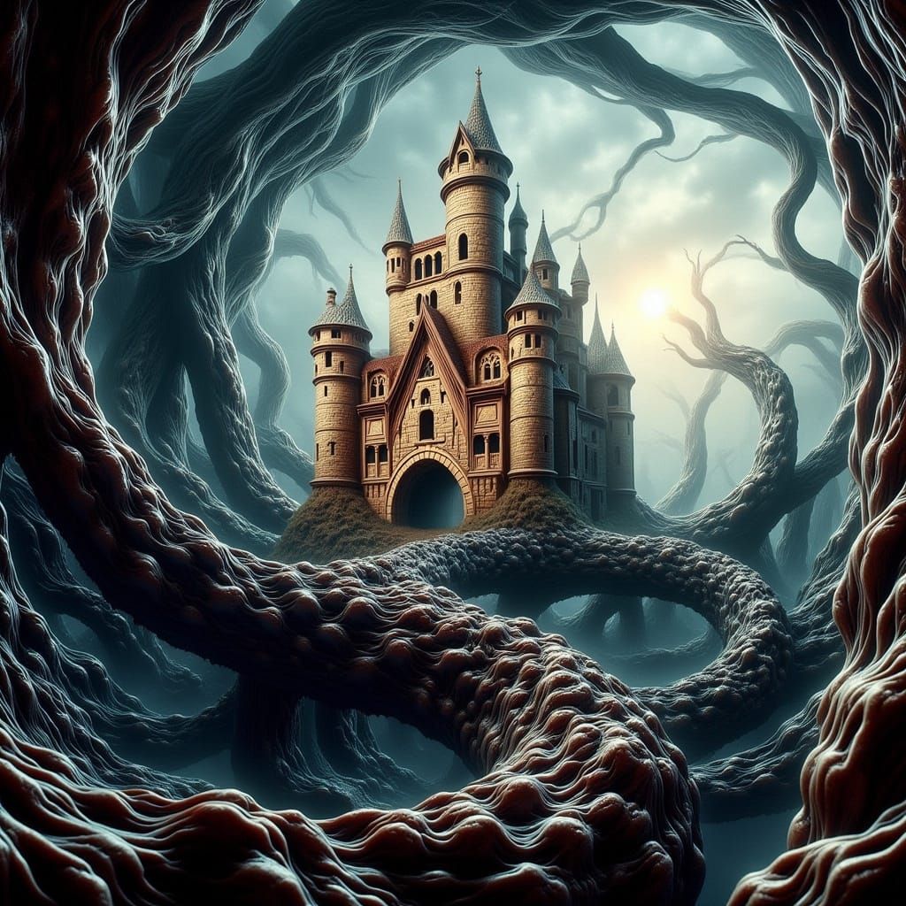 Warped Castle with Dragons in Elastic Reality