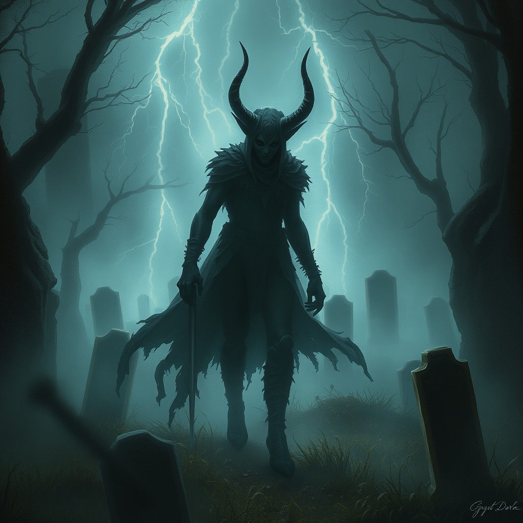 Dark Elf Haunts Cemetery in Lightning Storm