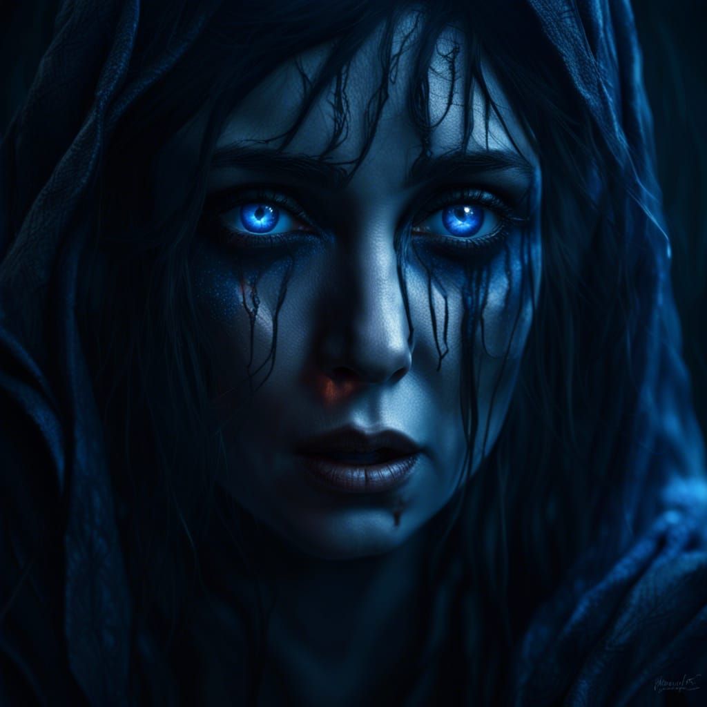 A gorgeous ancient witch, crying black blood, in a dark atmo...