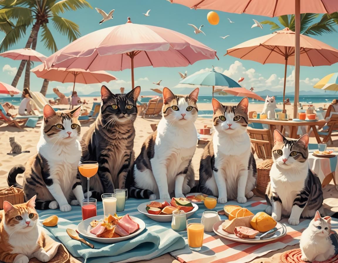 Cats' Beach Picnic: Whimsical Digital Art