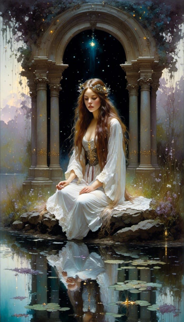 Victorian Seeress Scrying Pond in Dark Fantasy Style