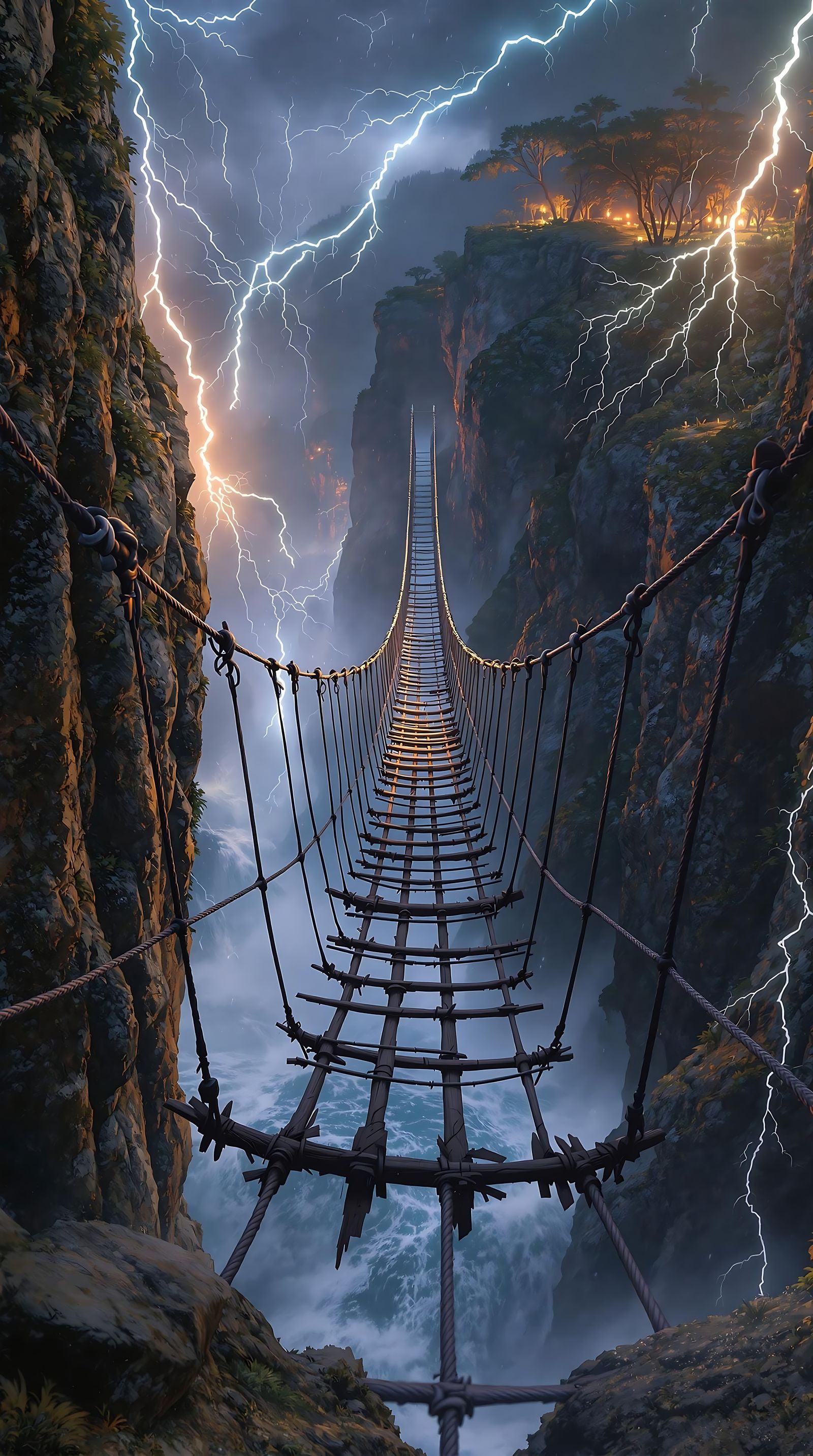 Daring Adventurer Crosses Perilous Rope Bridge in Thunderous...