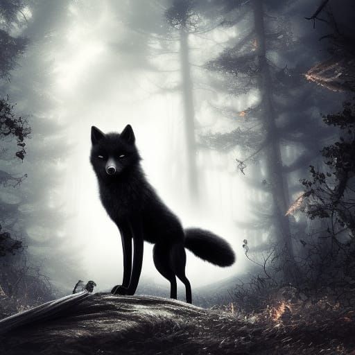 Flaming Black Fox in Forest, Digital Art
