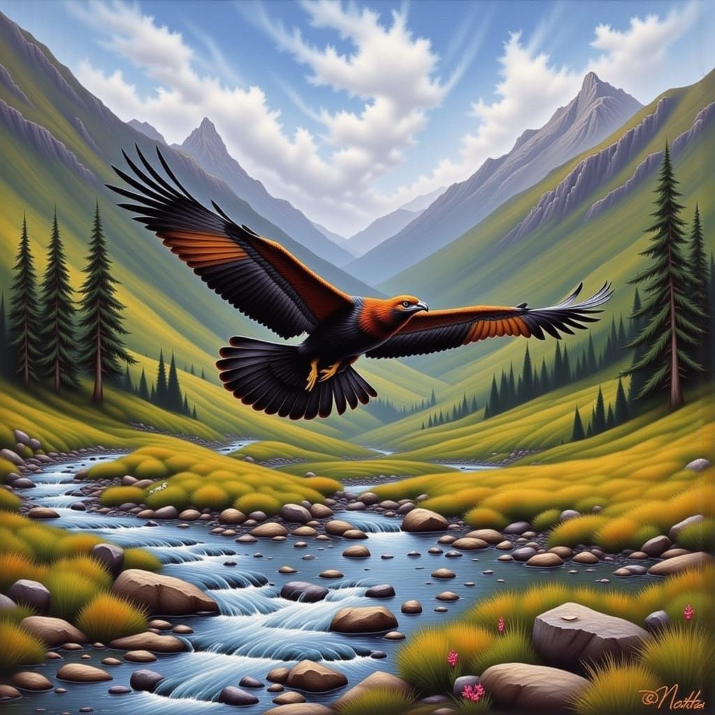 Hawk in Flight Over Mountain Stream
