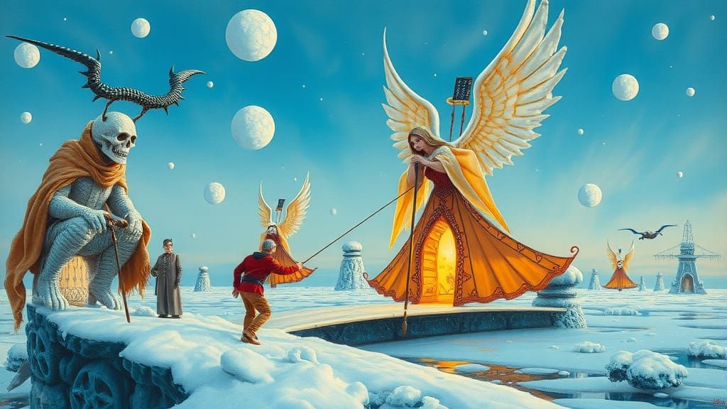 Surreal Post-impressionist Scene with Angelic Demons