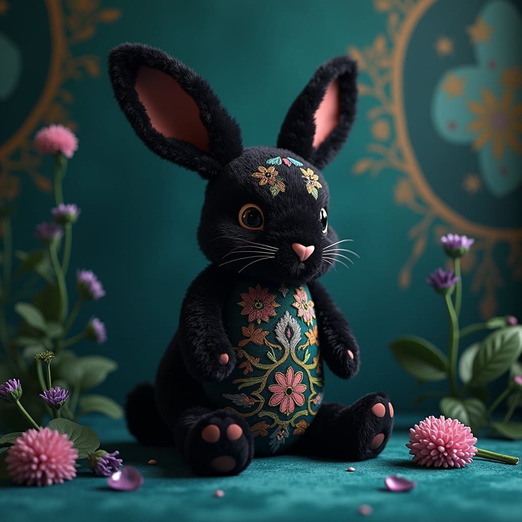 Majestic Black Rabbit Stuffed Toy in Fantasy Realm