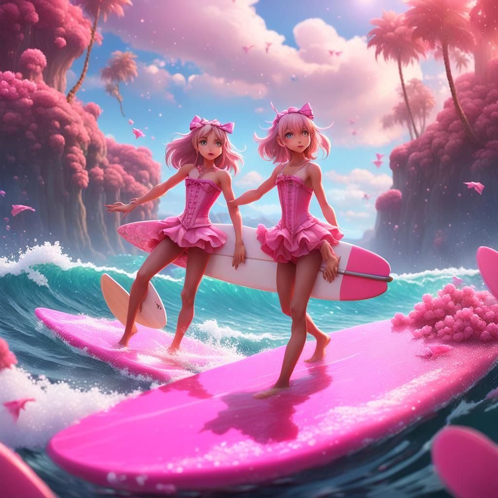 Anime Girls Surfing in Pink Corsets: Detailed Matte Painting