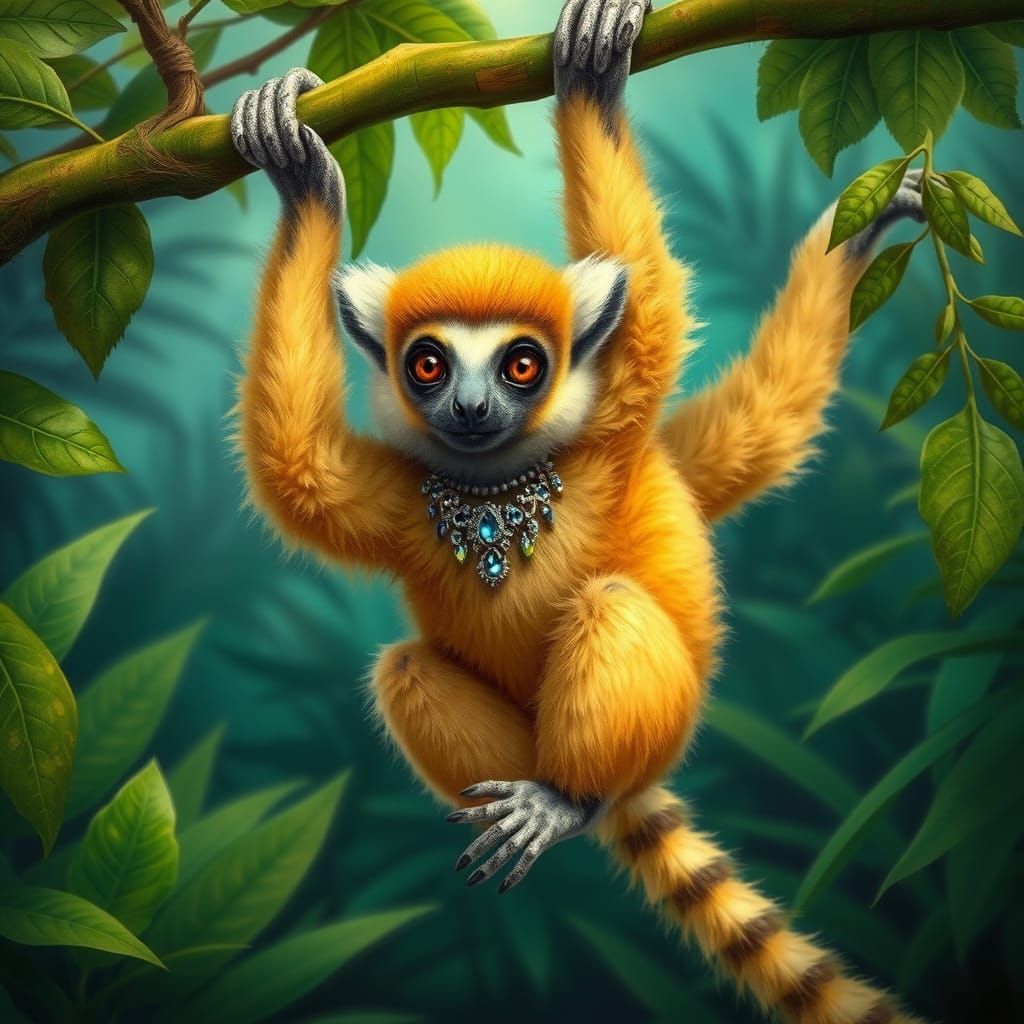 Golden Lemur Swings Through Emerald Jungle