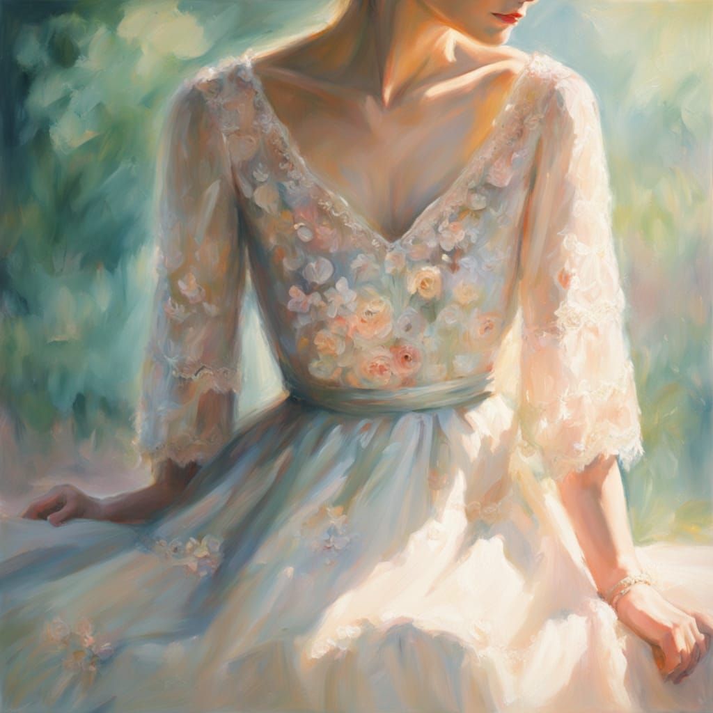 Impressionist Woman in Delicate Dress with Soft Sunlight