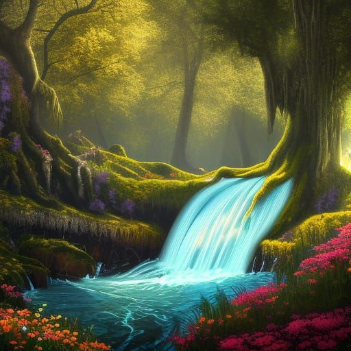 Magical Oak Forest and Turquoise Waterfall Painting