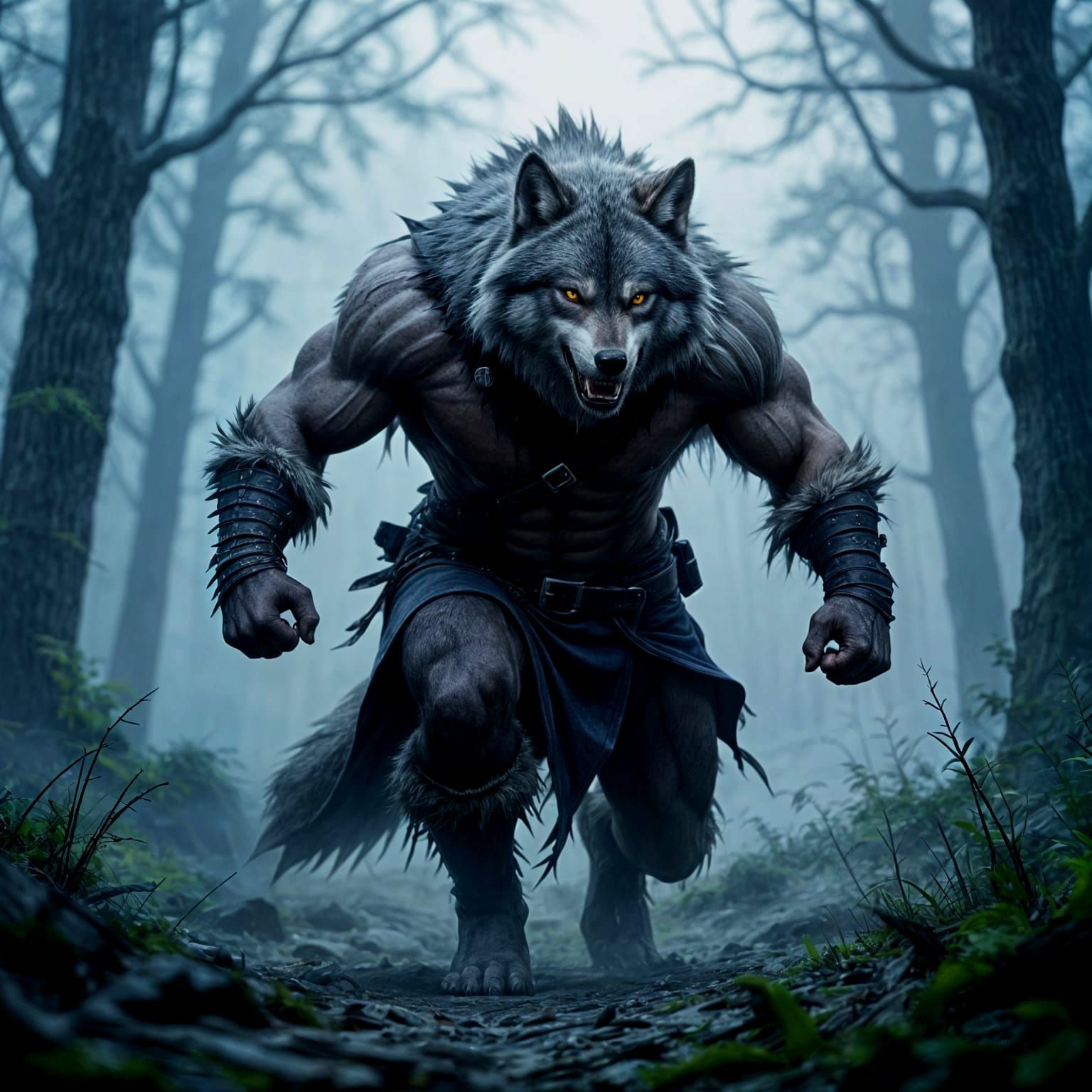 Muscular Beta Wolf Shifter in Misty Forest, Realistic Fantas...
