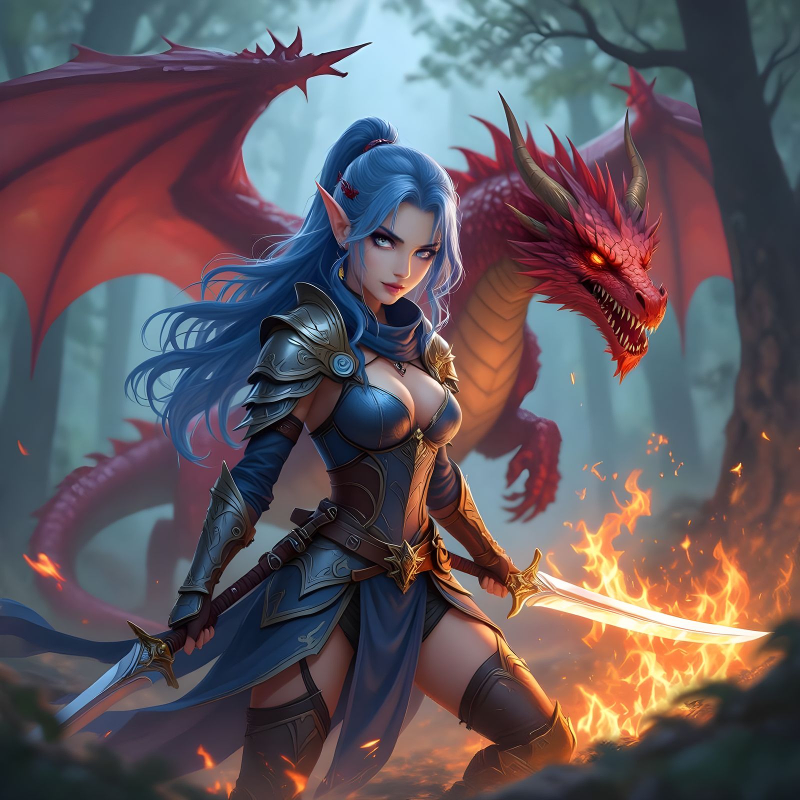 Ethereal Elf Warrior Fights Dragon in Dark Forest