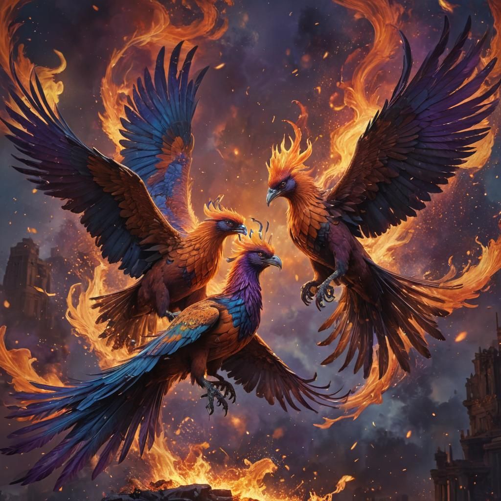 SFW Phoenixes in fiery skies