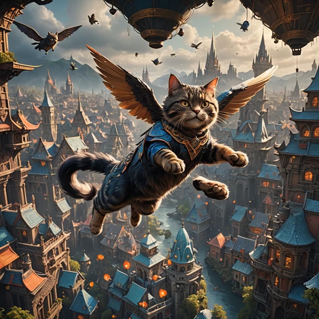 Fantastical Flying Cat in Detailed Matte Painting