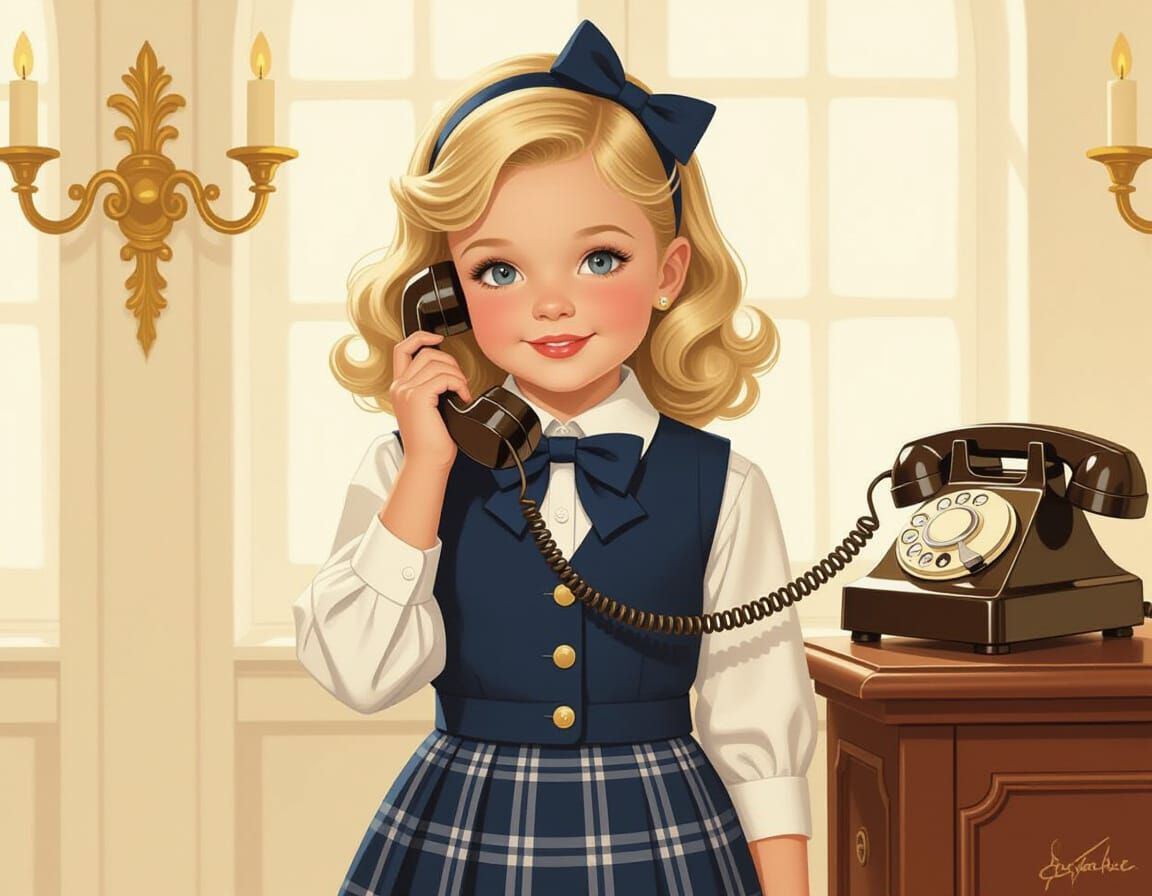 Girl in Uniform with Vintage Phone