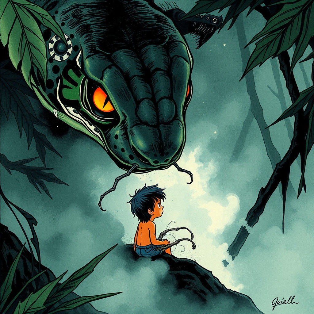 Mowgli and Hypnotic Snake in Manga Art Nouveau Style